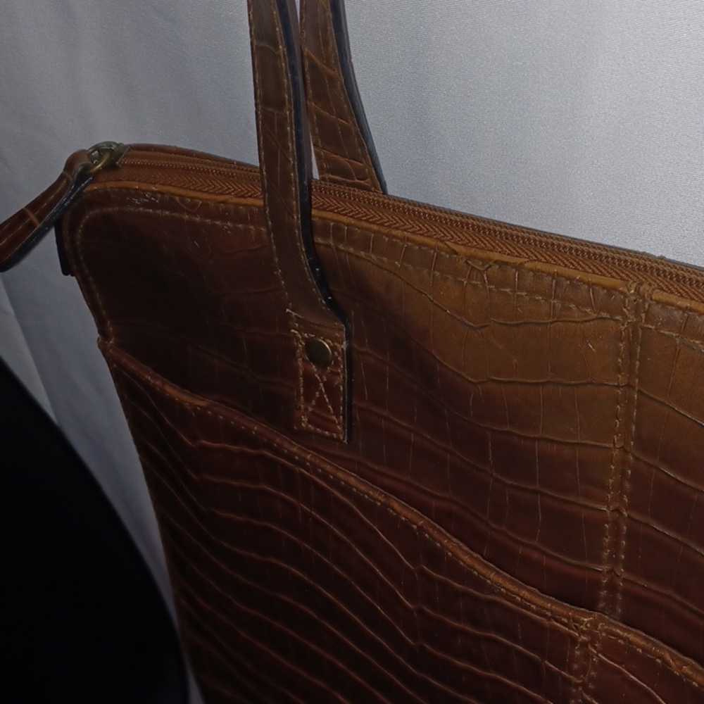 Bueno Dark Brown Faux leather croc embossed shoulder Tote laptop travel bag - Picture 3 of 8